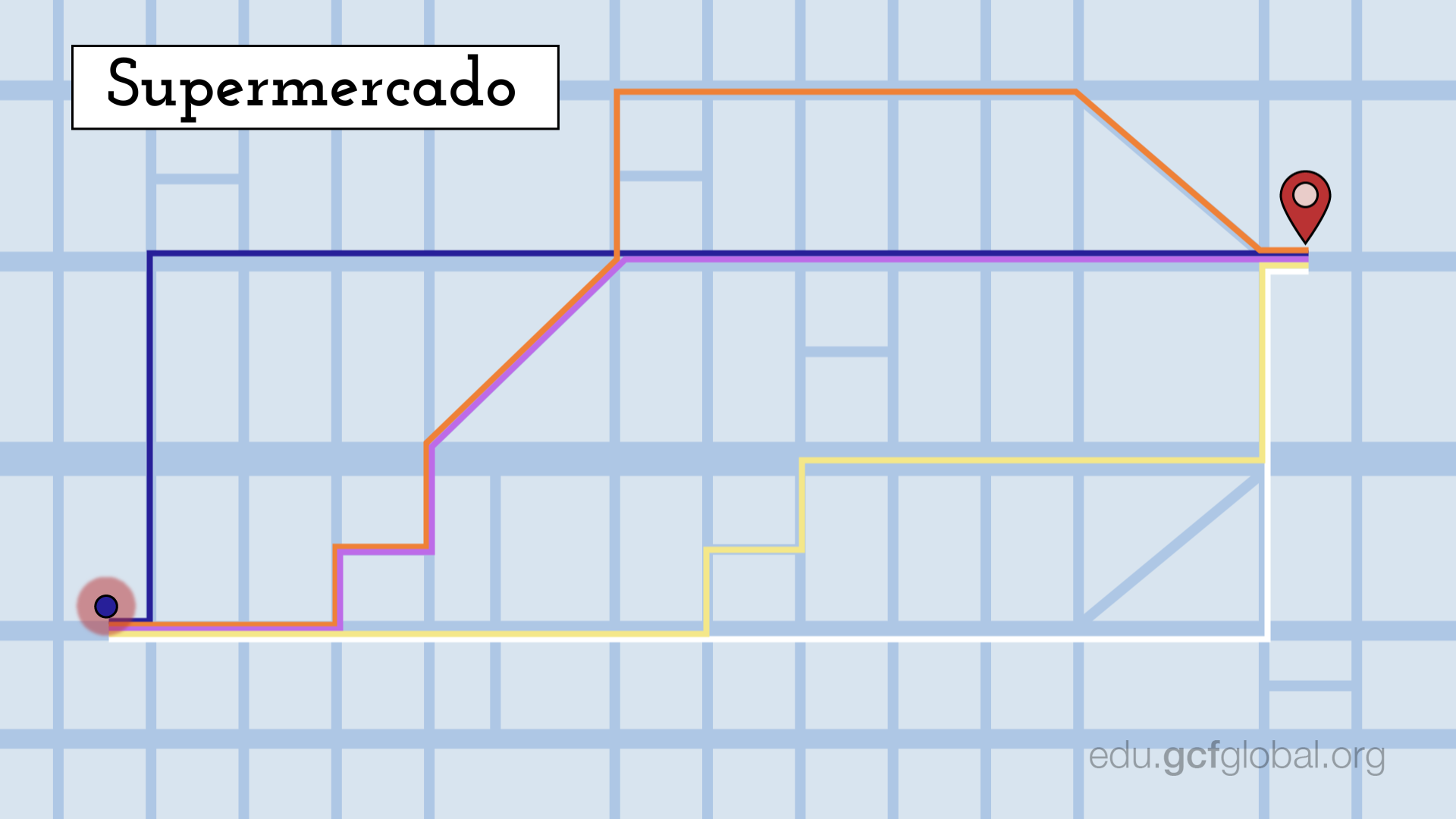 Ilustración de un una aplicación calculando una ruta a través de un algoritmo.